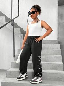 SHEIN Pantalones jogger cómodos de unicolor y talla extendida para niñas preadolescentes con estampado de estrellas en los bajos de los puños