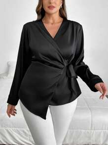 SHEIN Privé Große Größen schwarze Lässig Wickel Krawatte geraffte Einfarbige Bluse mit gekrümmtem Saum und Langarm, bequem und elegant, geeignet für Frühling und Herbst
