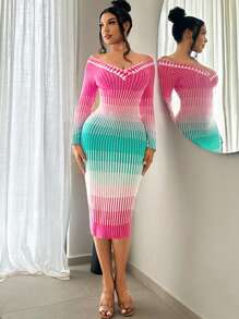 SHEIN SXY Autumn Women's Gradient One-Shoulder Tight Dress Fall Clothes Women - Multicolor - View 1