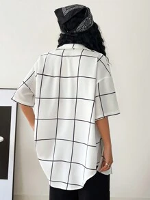 SHEIN EZwear 格紋燕脂短袖蝙蝠袖襯衫，多功能搭配並具備防曬功能 - 白色 - 查看 2