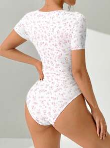 SHEIN EZwear 夏季淺口花卉方領短袖女式連體衣 - 粉色 - 查看 2