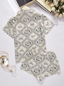 Floral Printed Silk-Like Short Sleeve Pajama Set With Open Front Top And Shorts - Apricot - View 2