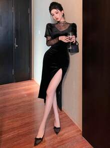 DAZY 天鹅绒派对礼服、返校季礼服、正式礼服、性感高开衩长袖蕾丝拼接中长连衣裙（女士）、秋冬舞会礼服 - 黑色 - 查看 2