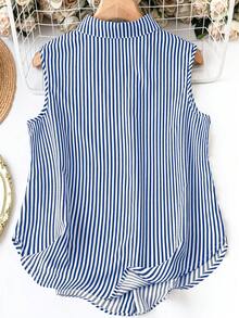 SHEIN LUNE 女士加大尺寸條紋簡約日常無袖襯衫 - 藏蓝色 - 查看 2