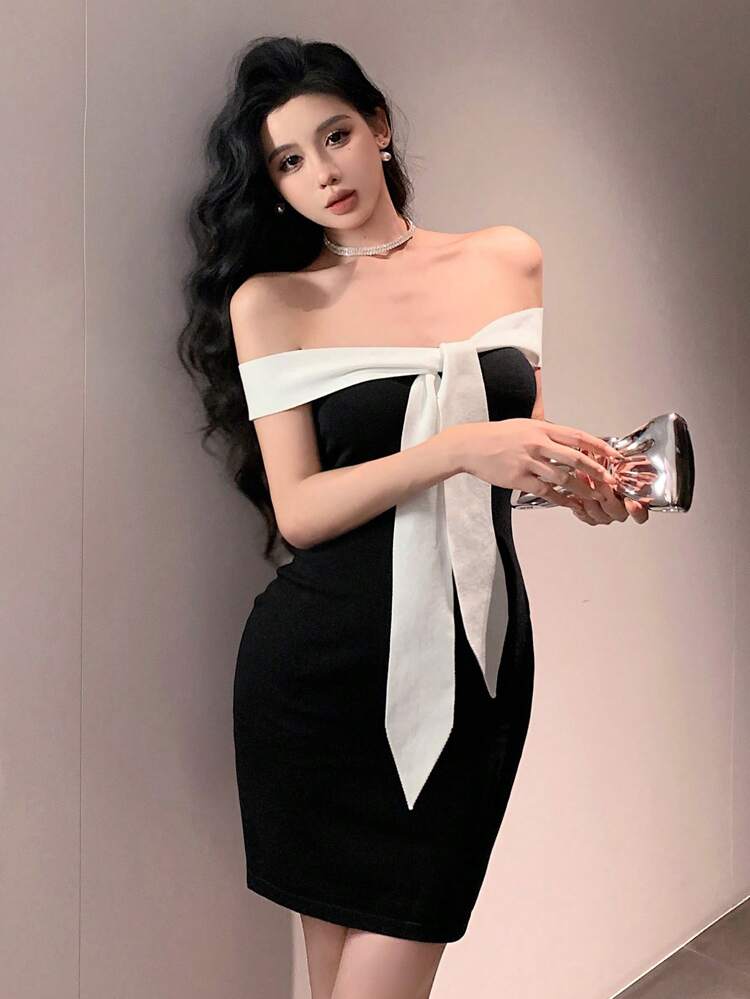 Women Party & Wedding Off Shoulder Knitted Dress With Ruffle Trim Women Sweater Dresses