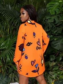 Slaydiva Street Style Vacation Summer Full Print Button Front Asymmetrical Hem Loose Shirt Dress