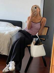 DAZY 女士條紋和印刷顏色拼接背心，邊緣處理 - 紅白色 - 查看 9