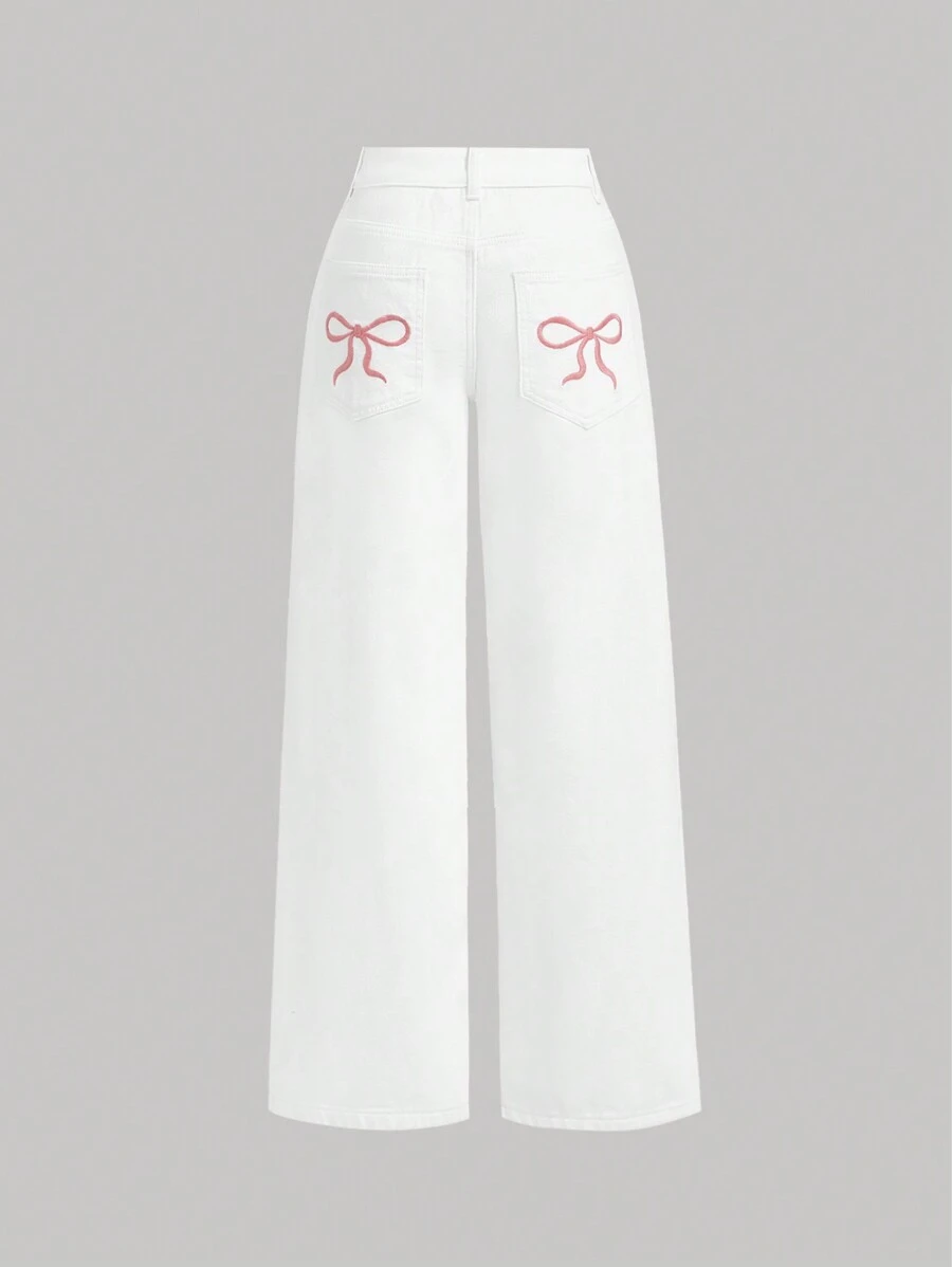 SHEIN MOD Bow Print Straight Leg Jeans - White - View 1