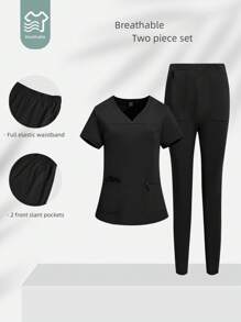 TaskEZ Plus Size Solid Color Simple Daily Short Sleeve Shirt And Pants Uniform Scrub Set - Black - View 4