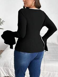 SHEIN Privé Kaos Wanita Ukuran Besar Kasual dengan Trim Kontras, Leher Persegi, Lengan Lebar, Bahan Rajut Rib, Potongan Slim Fit, Musim Semi/Gugur - Hitam - View 2