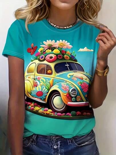 INAWLY Plus Size Summer Holiday Style Car & Flowers Pattern Women's Round Neck Short Sleeve T-Shirt Graphic Tees Women Tops