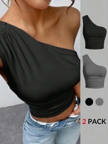 SHEIN EZwear 2pcs/Set Plus Size Women Black & Gray Shoulder Strap Top - Grey - View 5