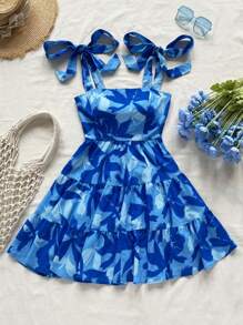 Soleia 大码女式波西米亚风度假毕业季返校季返校服装秋装度假装娃娃装上衣万圣节圣诞节闪光返校节、婚礼、音乐会、比赛日蓝色花朵印花宽松吊带连衣裙，适合夏季 - 彩色 - 查看 1