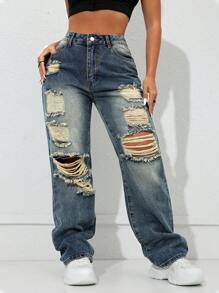 Y2K 嘉年华街紫色高腰侧袋直筒牛仔裤 - 藏蓝色 - 查看 2