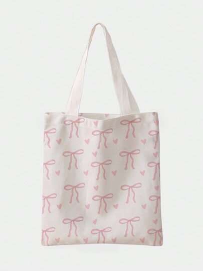 Kawaii Butterfly & Heart Pattern Double-Sided Printed Canvas Shoulder Bag With Bowknot, Tote Bag Large, Best Fall Inspo Ideas, Fashionable Bow Purse For Women