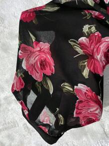 SHEIN Clasi 黑色優雅女士連衣裙，配有繡花透視網袖飾板 - 黑色 - 查看 6