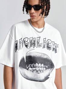 Manfinity RebelGame Maglietta a maniche corte e girocollo loose fit da uomo con stampa a tema inglese e bocca, adatta per l'estate