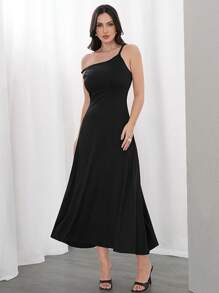 Mulvari 女士素色修身細帶長裙，適合日常休閒穿著 - 黑色 - 查看 5