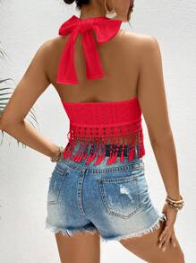 SHEIN VCAY Holiday Lace Splice Cross Strap Women's Tank Top - Red - View 2