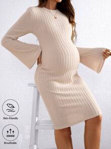 SHEIN Vestido diario de maternidad de manga larga en unicolor y diseño simple