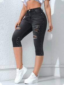 SHEIN EZwear 女士簡約破洞牛仔褲，夏季日常款帶織邊 - 灰色 - 查看 5