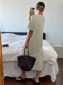 Livesso Đầm suông cổ tròn tay ngắn đơn giản cho nữ phong cách thường ngày và rộng thùng thình - Màu Khaki - Xem 2
