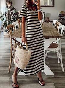 INAWLY 條紋印花分襠修身T恤裙 - 彩色 - 查看 3