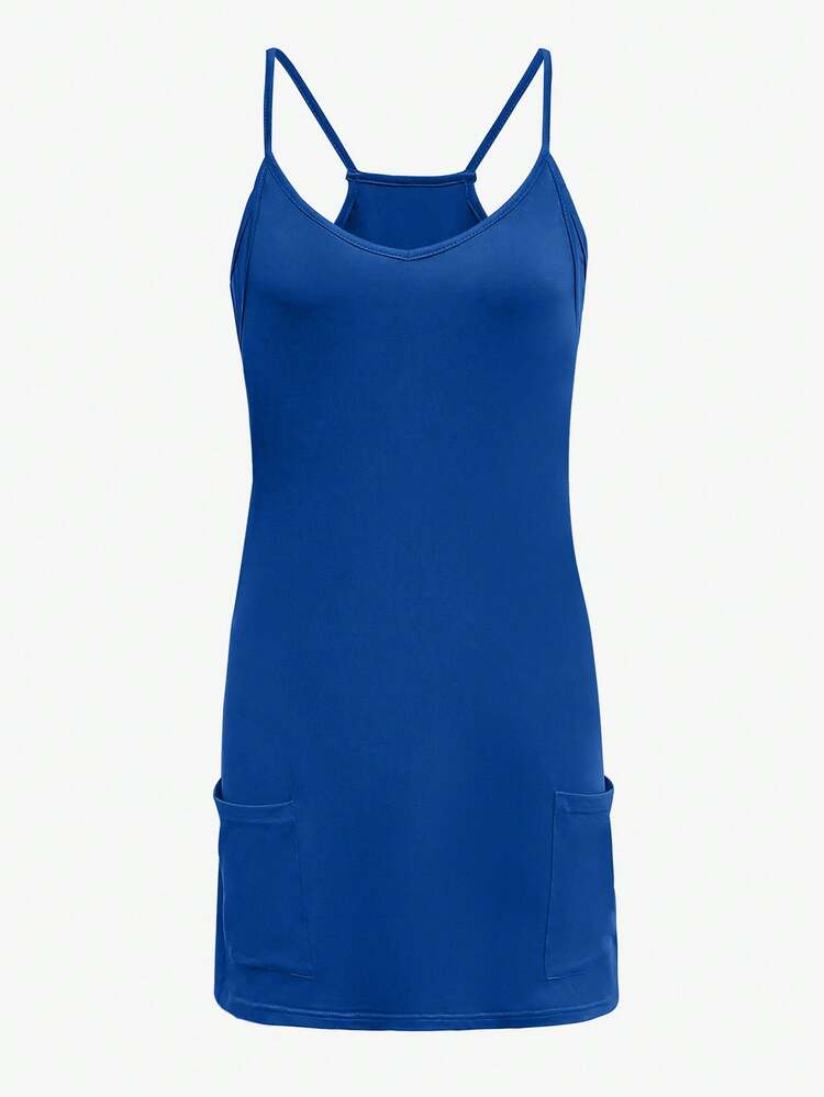 Chiquease Vestido de tirantes con bolsillos de unicolor, sin mangas y sexy para el verano - Azul - Añade 1