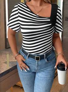 SHEIN Clasi Plus Size Women's Asymmetric Collar Striped Short Sleeve Casual T-Shirt, Summer