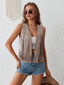 SHEIN VCAY Gilet d'été à franges avec ouverture frontale - Kaki - Voir 5