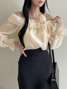 DAZY Áo sơ mi ngày lễ tay áo trễ vai dành cho nữ - Màu be - Xem 2