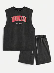 Manfinity VCAY Men's Loose Fit Sleeveless Round Neck Tank Top With English Letter Print, Suitable For Summer - Dark Grey - View 1