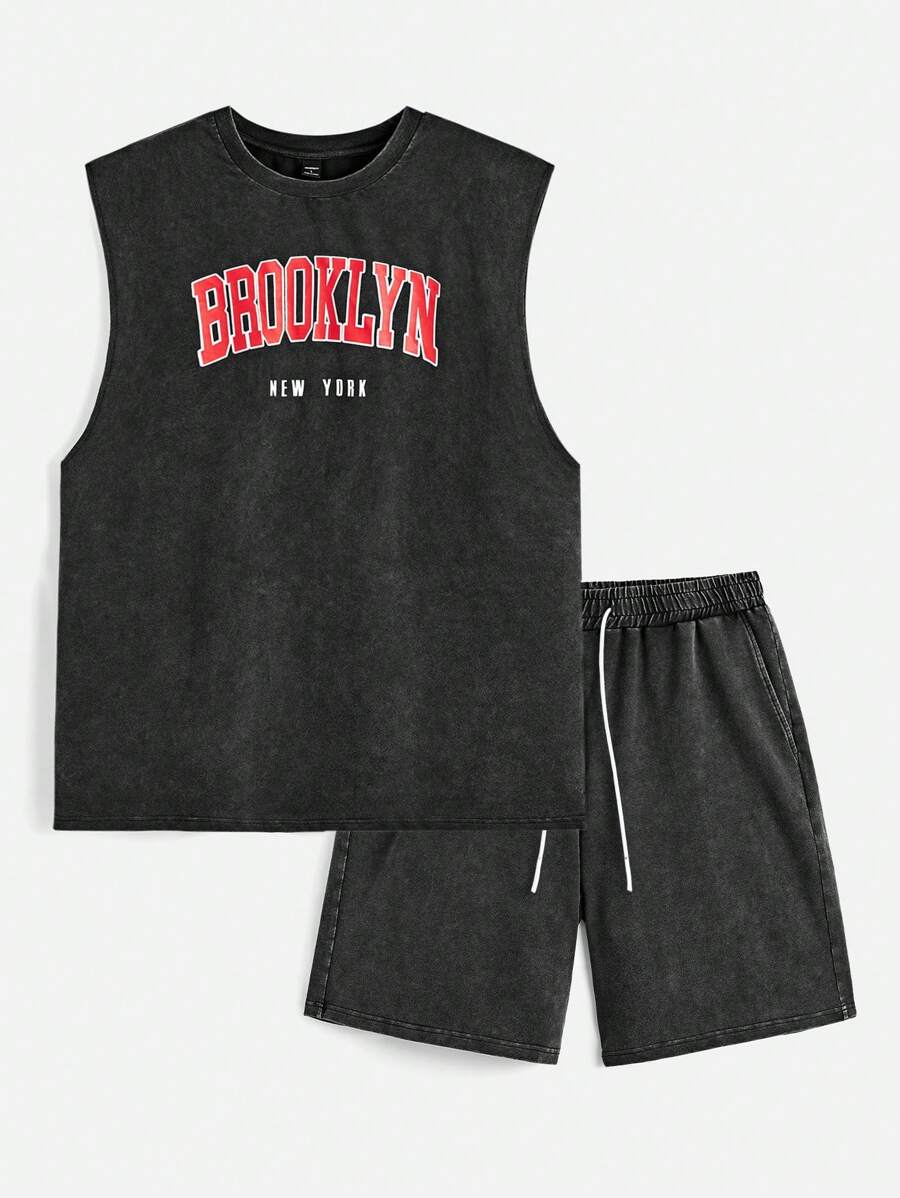 Manfinity VCAY Men's Loose Fit Sleeveless Round Neck Tank Top With English Letter Print, Suitable For Summer - Dark Grey - View 1