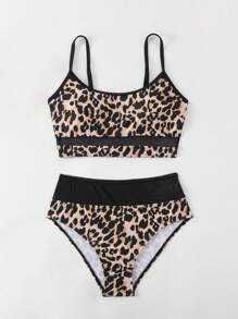 SHEIN Swim 女士豹纹性感比基尼套装，夏季海滩分体比基尼套装，随机图案 - 彩色 - 查看 5