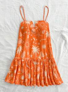 Soleia Vestido corto casual de playa con estampado tropical naranja suelto y cómodo, con apliques y volantes - Puede usarse dentro o fuera durante las vacaciones de verano - Naranja - Ver 6