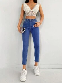 EURMUSE Solid Cropped Skinny Jeans - Dark Wash - View 3