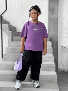 SHEIN Tween Girls Extended Size Basic Casual Loose Fit Short Sleeve Knit Top For Spring/Summer - Purple - View 2