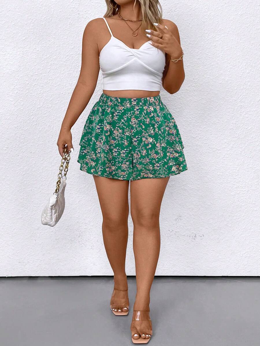 SHEIN LUNE Plus Size Women's Random Printed Casual Shorts For Daily Wear - Green - View 1
