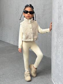 SHEIN Girls' Casual All-Match Plush Vest,  Stand Collar Long Sleeve Top, And Leggings Warm 3 Pieces Set, Fashionable - Apricot - View 4