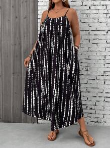 SHEIN VCAY Plus Size Tree Pattern Spaghetti Strap Backless Vacation Style Loose & Comfortable Dress,Beach Dress Sundress,Holiday Outfits Boho
