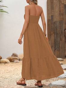 Breezaya Ladies' Solid Color Strapless Vacation Style Summer Dress - Brown - View 2