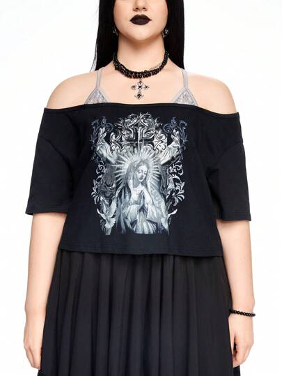 Goth Camiseta diaria simple impresa de hombros abiertos para mujeres de talla grande