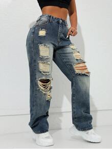 Y2K 嘉年华街紫色高腰侧袋直筒牛仔裤 - 藏蓝色 - 查看 6