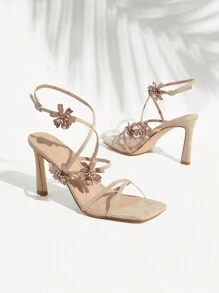 SHUZIA Tacones altos con tiras florales y punta cuadrada - Albaricoque - Ver 5