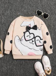 SHEIN Leap Crew Young Girls' Cute Rabbit Polka Dots Pattern Bow Detail Round Neck Loose Drop Shoulder Sweatshirt,In Fall/Winter - Apricot - View 1