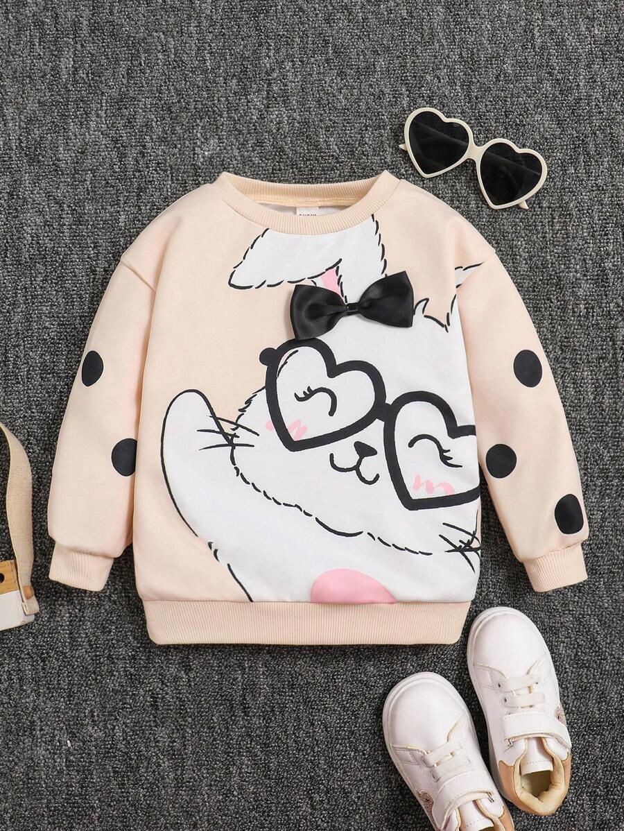 SHEIN Leap Crew Young Girls' Cute Rabbit Polka Dots Pattern Bow Detail Round Neck Loose Drop Shoulder Sweatshirt,In Fall/Winter - Apricot - View 1