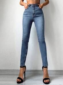 EURMUSE High Waist Cat Scratch Skinny Jeans - Dark Wash - View 3