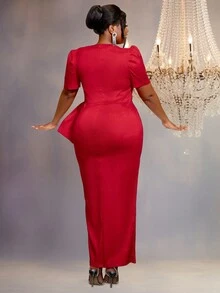 Red Square V-Neck Short Sleeve Dress With Bow Tie - Red - View 2