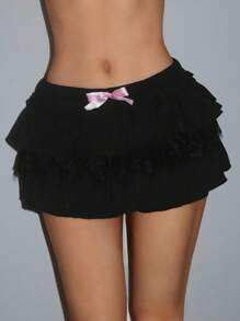 EgrlEra 女士纯色简约日常穿搭裙子搭配撞色蝴蝶结装饰 Y2K 服装迷你短款女装 - 黑色 - 查看 6