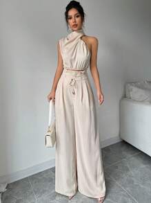 Firerie Conjunto de dos piezas para mujer con top de cuello apilado elegante color albaricoque y pantalones de pierna ancha, ropa de maestra, pantalones ligeros y cómodos, conjunto de dos piezas con top sin mangas asimétrico, adecuado para primavera, verano y otoño, conjunto de dos piezas con pantalones holgados, conjunto de dos piezas de diseñador, atuendo para mujeres para conciertos, vestido de noche elegante, adecuado para uso diario, fiestas, temporada de graduación, temporada de bodas, disfraces para actuaciones - Caqui - Ver 8